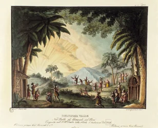 Vista de um delicioso vale na época da conquista do Novo Mundo pela cenografia espanhola para o ballet "Gli spagnoli nel Peru" do coreógrafo italiano Giovanni Galzerani (1780-1865) (1828). Litografia em "Raccolta di invenzioni sceniche d