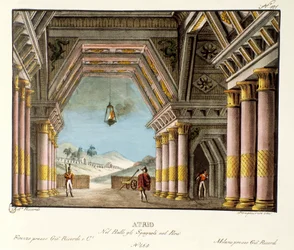 Vista de uma grande sala palaciana para o ballet "Gli spagnoli nel Peru" do coreógrafo italiano Giovanni Galzerani (1780-1865) (1828). Litografia em "Raccolta di invenzioni sceniche del 1830 di Alessandro Sanquirico (1777-1849)". pr Milanês