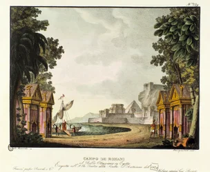 Vista do cenário do campo romano para o ballet "Ottaviano in Egitto" do coreógrafo italiano Giovanni Galzerani (1780-1865) (1828). Litografia em "Raccolta di invenzioni sceniche del 1830 di Alessandro Sanquirico (1777-1849)". coleção particular milanesa