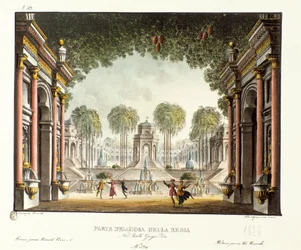 Vista da Corte Real do Palácio de Genghis Khan Cenografia para o balé "Genis-Kan" do coreógrafo italiano Giovanni Galzerani (1780-1865) (1828). Litografia em "Raccolta di invenzioni sceniche del 1830 di Alessandro Sanquirico (1777-1849)".