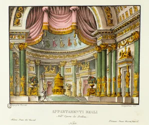 Vista do Palácio Real da Rainha de Cartago Didon Cenografia para a representação da tragédia lírica "Didone" (Didon) (1783) do compositor Niccolo Vito Piccinni (ou Piccini) após a ópera de Metastasio (Metastase). Litografia em "Racco