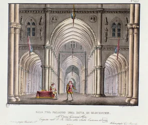 Vista do salão do palácio do Duque de Gloucester Cenografia para a representação da ópera "Giovanna Shore" (Jeanne Shore) de Carlo Ponti (1829). Litografia em "Raccolta di invenzioni sceniche del 1830 di Alessandro Sanquirico (1777-1849)".