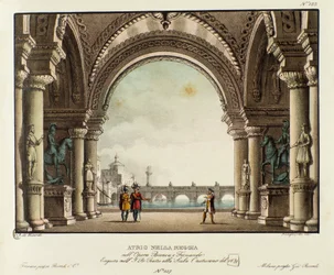 Vista do salão do palácio real Cenografia para a representação em 1829 da ópera "Bianca e Fernando" de Vincenzo Bellini (1826). Litografia em "Raccolta di invenzioni sceniche del 1830 di Alessandro Sanquirico (1777-1849)". particular milanês