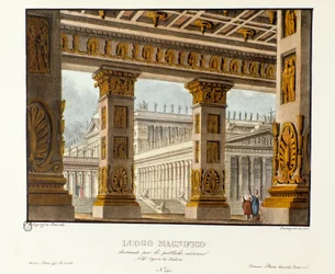 Vista do palácio onde se realizam as audiências públicas Cenografia para a representação da tragédia lírica "Didone" (Didon) (1783) do compositor Niccolo Vito Piccinni (ou Piccini) após a ópera de Metastasio (Metastase). Litografia em "Raccolta