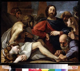 A Ressurreição de Lázaro. Pintura de Alessandro Tiarini (1577-1668). Óleo sobre madeira, 39 x 49 cm. Arte de Bolonha, arte barroca italiana. Museu Estadual de Arte, Ecaterimburgo.