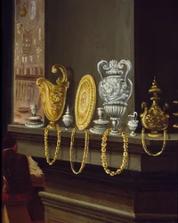 A oficina da minhoca do ouro. Detalhe representando as taças e bandejas de ouro e prata colocadas em uma prateleira (Pintura