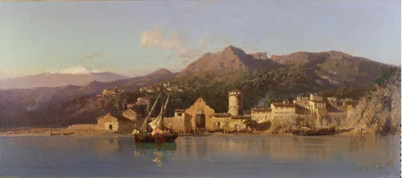 Vista, de, taormina, sicília, com, monte etna, em, a, fundo, 1868