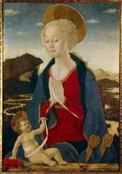 A Virgem tem o Menino. Ambos usam auréolas douradas. Pintura sobre madeira de Alessio Baldovinetti (1425-1499) Século XV Sol. 1,06x0,75m