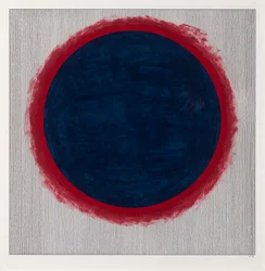Círculo azul sobre vermelho, 2022 (esmalte e caneta sobre cartão)