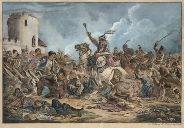 Bataille entre les Georgiens et les tribus de montagne - Batalha entre os Georgianos e as Tribos da Montanha - Orlowski (Orlovsky), Alexander Osipovich (1777-1832) - 1826 - Litografia, aguarela - 54x77 - Coleção Privada