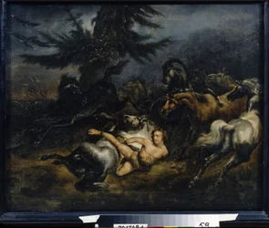 Ivan Mazepa (John Mazeppa) (1639-1709). Após ser apanhado em flagrante adultério, é manchado de alcatrão e amarrado nu a um cavalo selvagem, que o transporta para as estepes ucranianas. Pintura de Alexander Osipovich Orlowski (1777-1832), hu