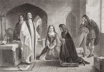 Lord William Russell recebendo o sacramento antes da sua execução em 21 de julho de 1683, de "Illustrations of English and Scottish History" Volume I (gravura)