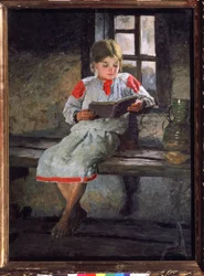 Uma Leitura Maravilhosa. Uma menina sentada junto à janela, absorvida na história do seu livro. Pintura de Alexander Alexeyevich Kiselev (1855 - depois de 1918), óleo sobre tela, ca. 1890. Arte russa do século XIX. Estado Tretyakov Ga