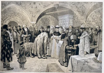 A recepção da czarina após as matinas da Páscoa. Obra de Alexander Andreyevich Chikin (1865-1924), litografia. Arte russa