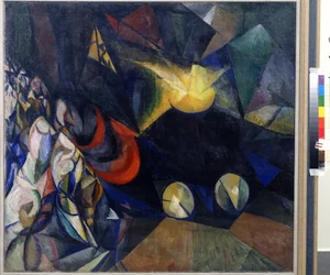 Motor a vapor. Pintura de Alexander Konstantinovich Bogomazov (1880-1930). Óleo sobre tela