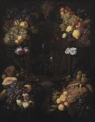 Cartouche com guirlandas de frutas e um copo de vinho