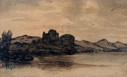 Paisagem Italiana com Edifício Domed (lápis e lavagem em papel)