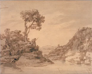 Paisagem com figura no banco de uma piscina (aguarela, sépia e lavagem)