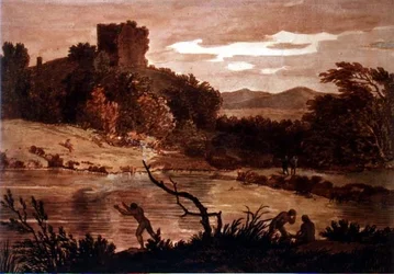 Paisagem com homens a tomar banho (aguarela)