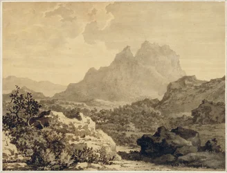 Paisagem montanhosa, c.1780 (cinza e marrom lavar em papel preparado com terra marrom)