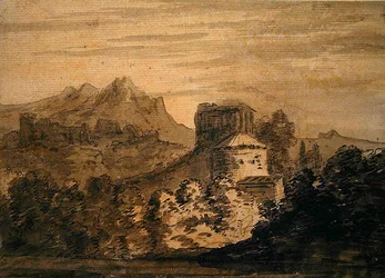 Paisagem montanhosa com edifícios Italianate (lápis, caneta e tinta e lavagem de tinta em papel)