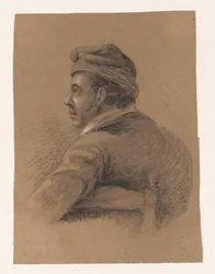 Busto de um homem sentado virado, visto por trás