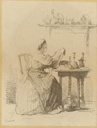 Empregada sentada na mesa de limpeza. Ecureuse (título no objeto)