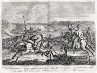 Tropas russas vão após a Batalha de Lutzen de volta ao Elba - Sauerweid, Alexander Ivanovich (1783-1844) - 1813 - Etching - 21x26 - Coleção Privada