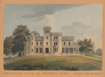 Grace Hill para Edwin C. Litchfield, Brooklyn, Nova York, elevação frontal, 1854.
