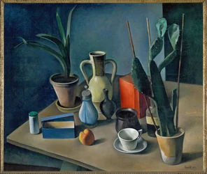 Grosses Stilleben mit Kruegen und roter Teedose, Natureza-morta com jarros e chávena de chá vermelha (pintura sobre tela)