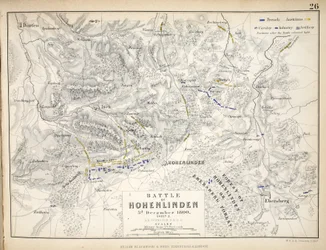 Mapa da Batalha de Hohenlinden, publicado por William Blackwood and Sons, Edimburgo e Londres, 1848 (gravura colorida à mão)