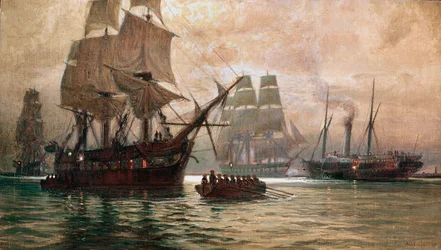 Navios austríacos durante o bloqueio de Veneza ... (pintura sobre tela)