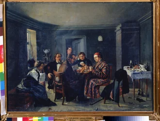 Jogadores de cartas. Pintura de Alexander Matveyevich Dorogov (1819-1850). Óleo sobre tela, 49 x 66,5 cm, ca. 1840, arte russa. Museu Estatal Russo, São Petersburgo.