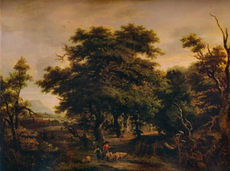 Uma paisagem arborizada, com figuras e ovelhas, c1805