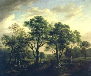 Paisagem arborizada de rios com figuras e gado (óleo sobre tela)