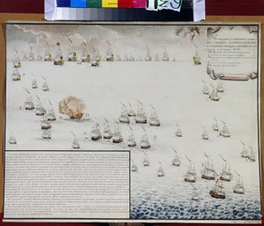 A Batalha Naval de Tendra no Mar Negro em 8 e 9 de setembro de 1790. Episódio da guerra russo-turca (1787-1792). Obra de Alexander Nikolaevich Depaldo (1876-1939), aguarela sobre papel. Arte russa