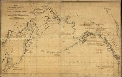 Mapa geral cobrindo o Oceano Pacífico Norte, pequena parte do Oceano Ártico ao norte do Estreito de Bering e as regiões costeiras adjacentes do Extremo Oriente russo e do Alasca. O mapa impresso não mostra descobertas especificamente identificadas ou rotas