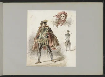 Homem em traje histórico, uma mulher com lenço na cabeça e um soldado