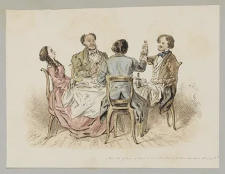 Quatro figuras a fazer um brinde a uma mesa