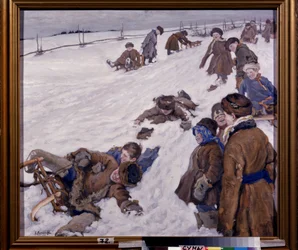 Desportos de Inverno. Cena de trenó, num campo nevado, as crianças vestidas calorosamente estão a divertir-se e a rir-se em voz alta. Pintura de Alexander Viktorovich (Alexander Victor) Moravov (1878-1951), óleo sobre tela