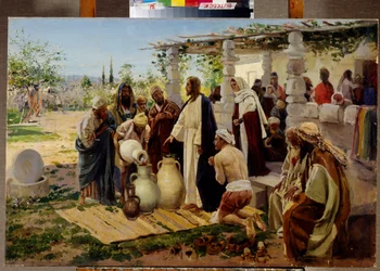 O milagre da transformação da água em vinho em Caná (Israel). (Jesus ordena aos servos que encham talhas com água do poço e realiza um primeiro milagre nas bodas onde faltava vinho). Pintura de Vladimir Yegorovich Makovsky (Makovsky, Makov)