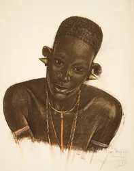 Mulher MGogo (Dodoma), de cartoons e pinturas da África, executado durante a expedição Citroen Centre Afrique, segunda missão Haardt Audouin-Dubreuil, pub. Paris, 1927