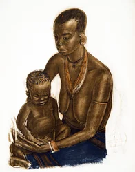 MGogo mulher com seu filho (Dodoma), de cartoons e pinturas da África, executado durante a expedição Citroen Centre Afrique, segunda missão Haardt Audouin-Dubreuil, pub. Paris, 1927 (cor li
