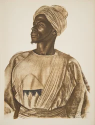 Gadem, caçador de elefantes (Birao), de «Desenhos e pinturas de África», executado durante a expedição Citroën Centro de África, segunda missão Haardt-Audouin-Dubreuil, publicado em Paris, 1927, litografia a cores