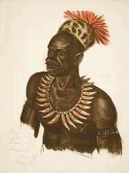 Louaho, Chefe Wagenia (Stanleyville), de Cartoons and Paintings of Africa, executado durante a expedição Citroen Centre Afrique, segunda missão Haardt Audouin-Dubreuil, pub. Paris, 1927 (cama de cor