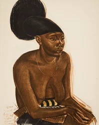 Uru, o Mangbeou (Niangara) haut Ouelle, de Cartoons and Paintings of Africa, executado durante a expedição Citroen Centre Afrique, segunda missão Haardt Audouin-Dubreuil, pub. Paris, 1927 (cor