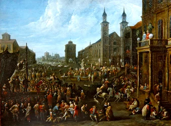 Uma cena de mercado com artistas de rua e outras figuras (óleo sobre tela)