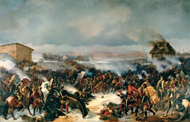 A Batalha de Narva, 19 de Novembro de 1700. Episódio da Grande Guerra do Norte (1700-1721) entre a Suécia e todos os países bálticos, Dinamarca, Polónia e Rússia. Pintura por Alexander (Alexander) von Kotzebue (1815-1889), óleo sobre tela