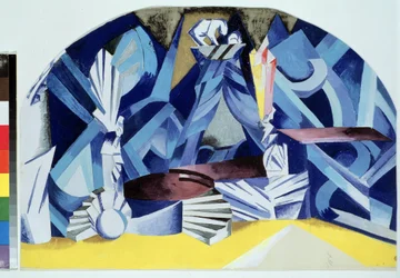 La chambre de Juliette. Projet de decor para a peça Romeu e Julieta de William Shakespeare (1564-1616) (Design de figurino para a peça de teatro Romeu e Julieta de W.Shakespeare). Oeuvre de Alexandra Alexandrovna Exter (1882-1949), gouache sur carton