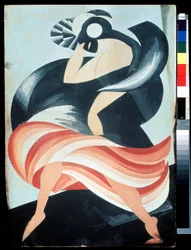 Traje "Máscara Feminina" para uma personagem em "Romeu e Julieta" de William Shakespeare. Gouache por Alexandra Alexandrovna Exter (1882-1949) 1921 Estado Central A. Museu do Teatro Bakhrushin, Moscovo, Rússia